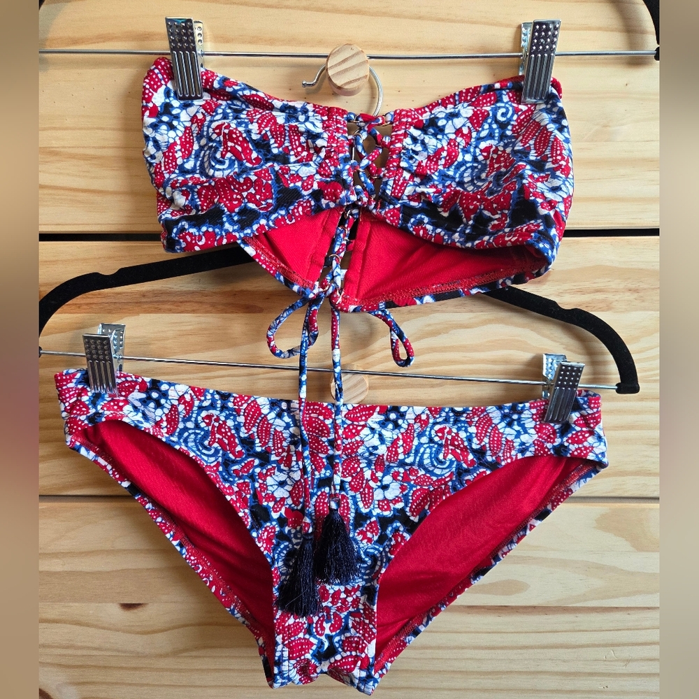 MICHAEL Michael Kors Red, Blue & White Printed Bandeau Bikini
